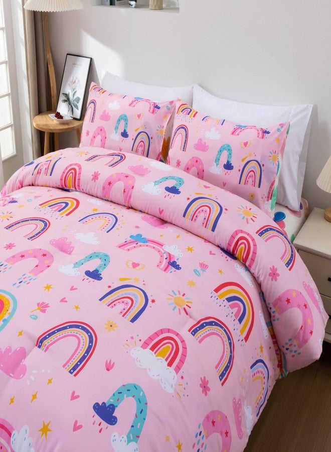Btargot Lightweight Soft 3 Piece Rainbow Comforter Set with 2 Pillow Covers, Cartoon Love Hearts Suns and Stars Bedding Set for Girls Boys Kids, Full Light Pink - Image 3
