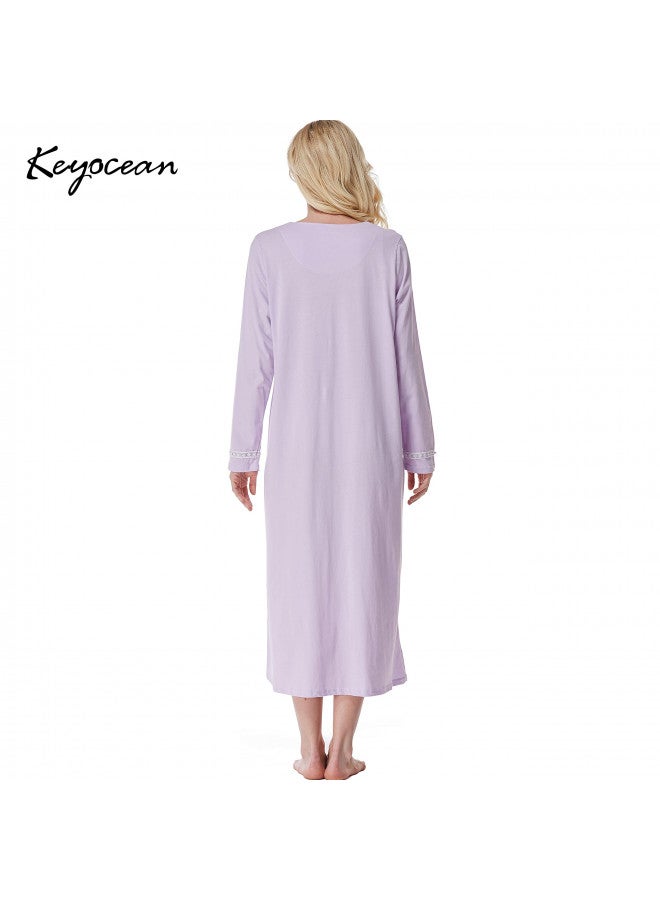Keyocean Nightgown for Women, Soft Cotton Lightweight Comfy Long Sleeves Ladies Sleeping-Gown, Purple, Medium - Image 1