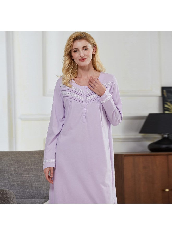 Keyocean Nightgown for Women, Soft Cotton Lightweight Comfy Long Sleeves Ladies Sleeping-Gown, Purple, Medium - Image 4