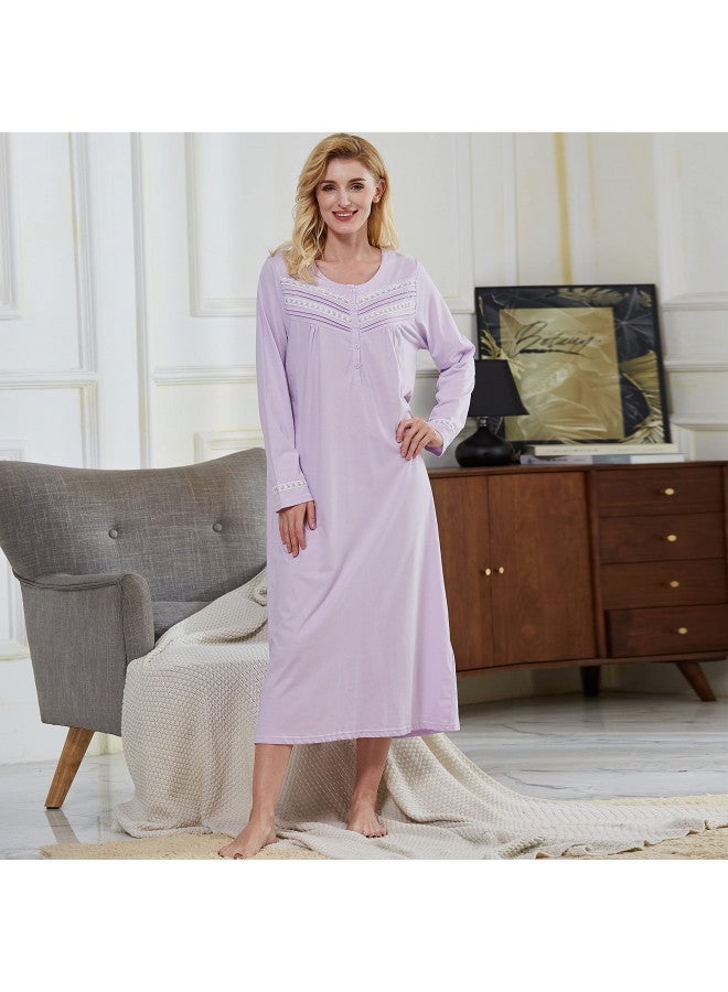 Keyocean Nightgown for Women, Soft Cotton Lightweight Comfy Long Sleeves Ladies Sleeping-Gown, Purple, Medium - Image 2