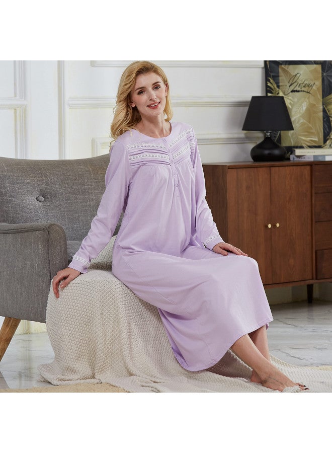 Keyocean Nightgown for Women, Soft Cotton Lightweight Comfy Long Sleeves Ladies Sleeping-Gown, Purple, Medium - Image 3