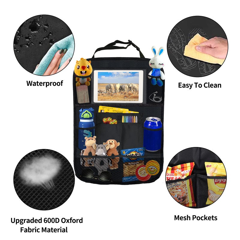 Ecurfu Backseat Car Organizer with 10 Compartments, 10 Inch Tablet Holder, Waterproof Storage Bag for Kids Cars - 600D Oxford Fabric, Black (1PC) - Image 2