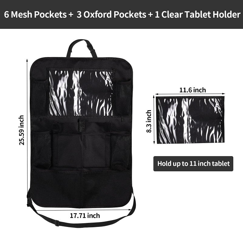 Ecurfu Backseat Car Organizer with 10 Compartments, 10 Inch Tablet Holder, Waterproof Storage Bag for Kids Cars - 600D Oxford Fabric, Black (1PC) - Image 3