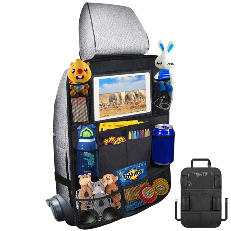 Ecurfu Backseat Car Organizer with 10 Compartments, 10 Inch Tablet Holder, Waterproof Storage Bag for Kids Cars - 600D Oxford Fabric, Black (1PC) - Image 1