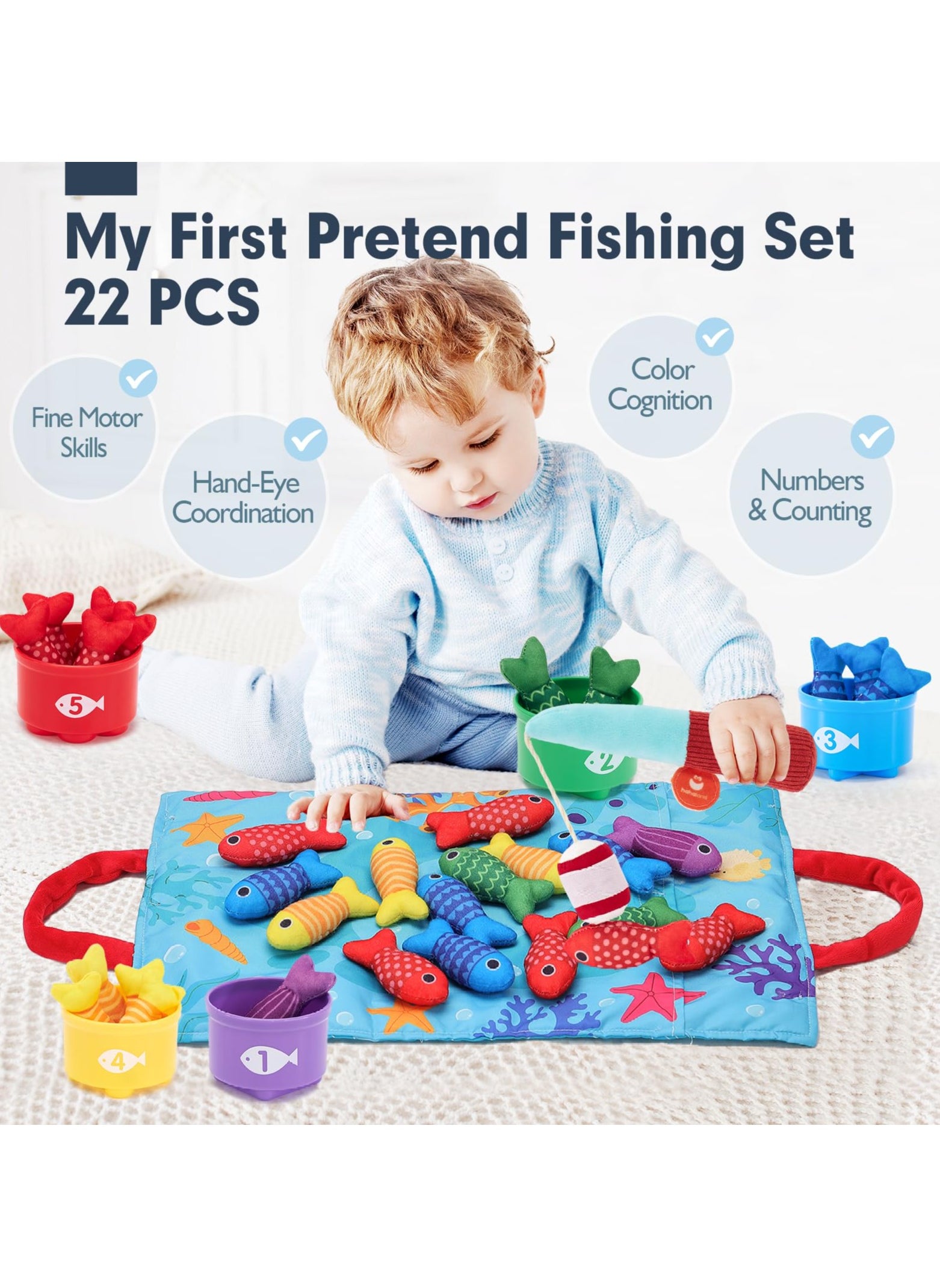 unikbebe Fishing Game Baby Toy from 2 Years, Montessori Toy for Toddlers 2+, Educational Fishing Game for Motor Skills, Number Counting & Color Sorting Toys, Stacking Cups & Shape Learning Toys, Safe Washable Materials for Early Brain Development, Pre-school Educational Toy for Kids, Baby Gyms & Playmats with Storage Bags 