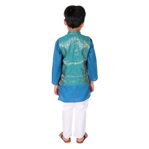 superminis Boy's Brocade & Cotton Floral Kurta With Golden Thread Work Nehru Jacket And Elastic Closure Pyjama Set (6-12 Months, Blue) - Image 5