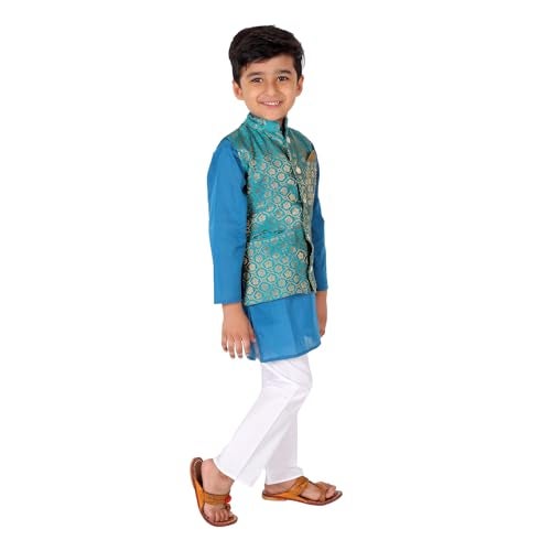 superminis Boy's Brocade & Cotton Floral Kurta With Golden Thread Work Nehru Jacket And Elastic Closure Pyjama Set (6-12 Months, Blue) - Image 4