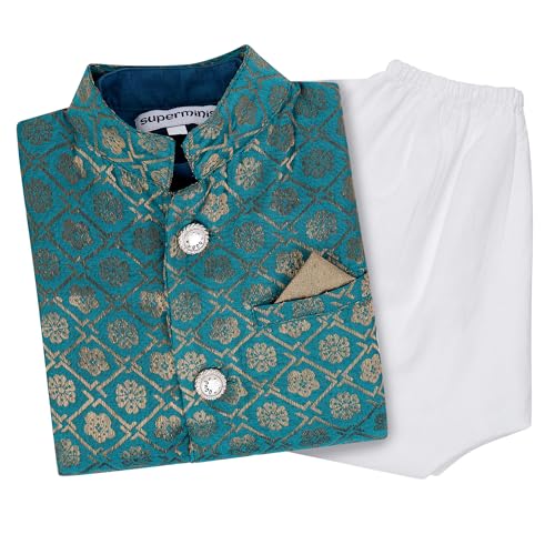 superminis Boy's Brocade & Cotton Floral Kurta With Golden Thread Work Nehru Jacket And Elastic Closure Pyjama Set (6-12 Months, Blue) - Image 1