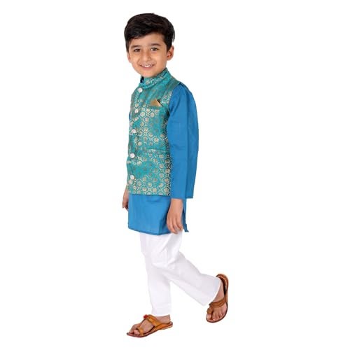 superminis Boy's Brocade & Cotton Floral Kurta With Golden Thread Work Nehru Jacket And Elastic Closure Pyjama Set (6-12 Months, Blue) - Image 3