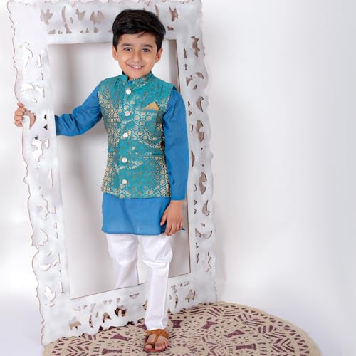 superminis Boy's Brocade & Cotton Floral Kurta With Golden Thread Work Nehru Jacket And Elastic Closure Pyjama Set (6-12 Months, Blue) - Image 2