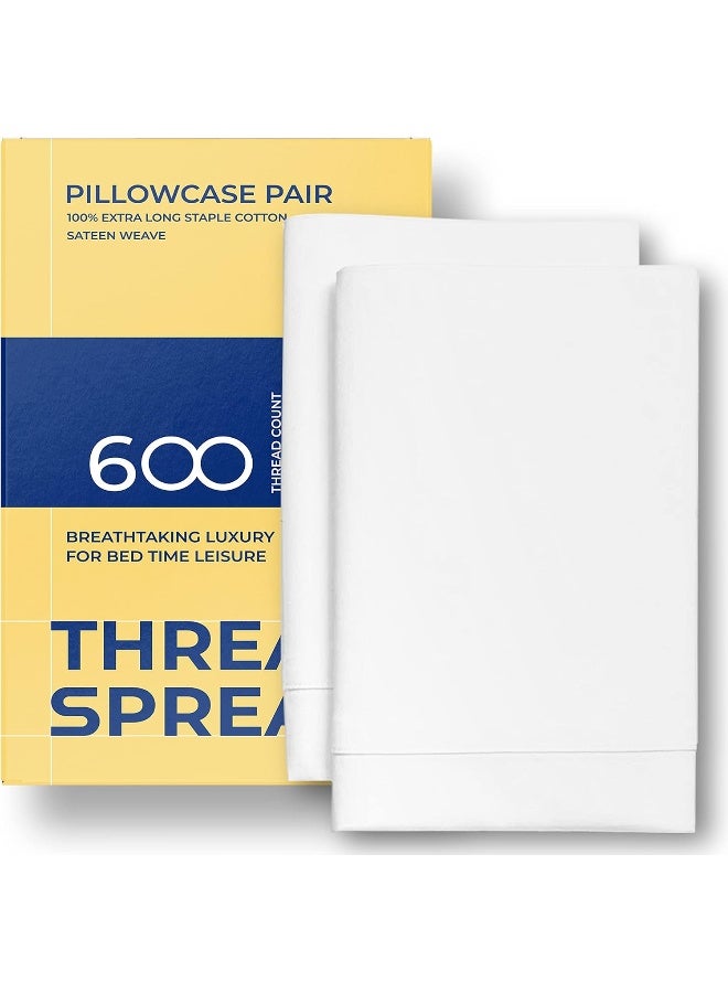 THREAD SPREAD 100% Egyptian Cotton Pillow Cases King - 600 Thread Count White King Pillow Cases Set of 2, Soft Cooling & Breathable Extra Long Staple Sateen Weave Cotton Pillowcases for King Pillows - Image 1