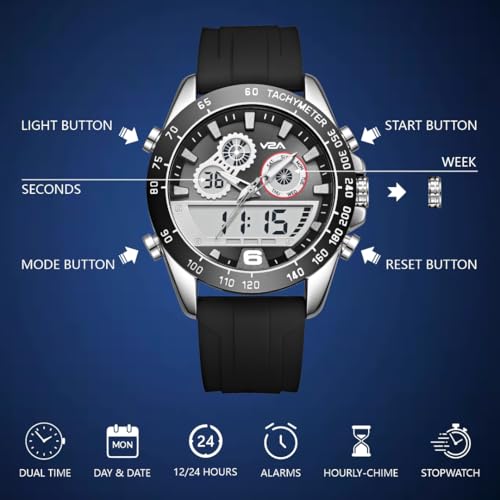 V2A Men’s Multifunction Analog-Digital Sports Watch – Dual Display, Quartz Movement, Zinc Alloy Case, Stopwatch, Alarm, 30M Water Resistant, Silicone Strap, Tachymeter Bezel (Black-Black, Regular) - Image 4