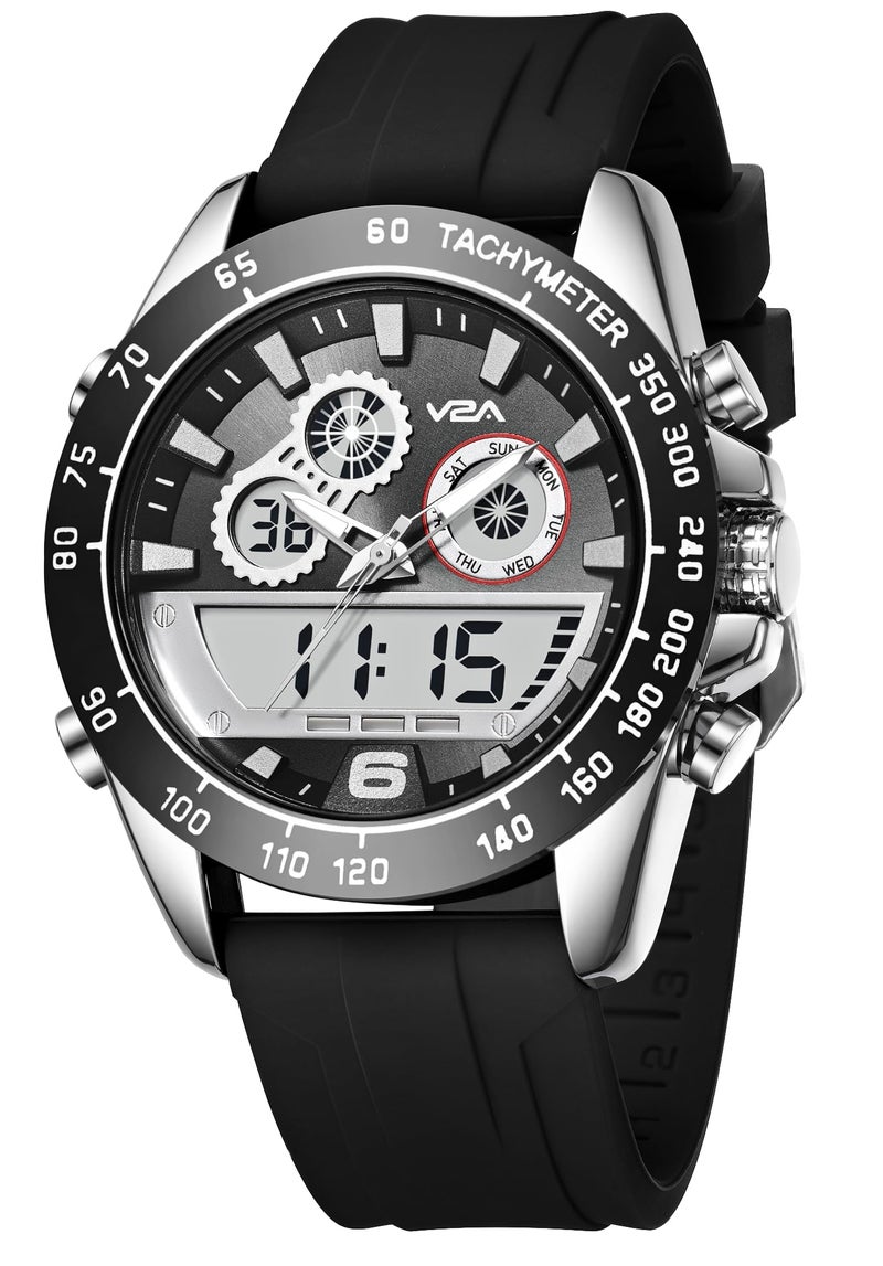 V2A Men’s Multifunction Analog-Digital Sports Watch – Dual Display, Quartz Movement, Zinc Alloy Case, Stopwatch, Alarm, 30M Water Resistant, Silicone Strap, Tachymeter Bezel (Black-Black, Regular) - Image 1
