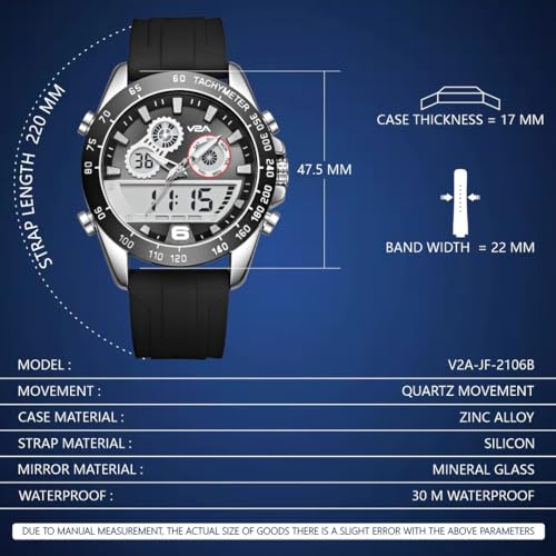 V2A Men’s Multifunction Analog-Digital Sports Watch – Dual Display, Quartz Movement, Zinc Alloy Case, Stopwatch, Alarm, 30M Water Resistant, Silicone Strap, Tachymeter Bezel (Black-Black, Regular) - Image 5