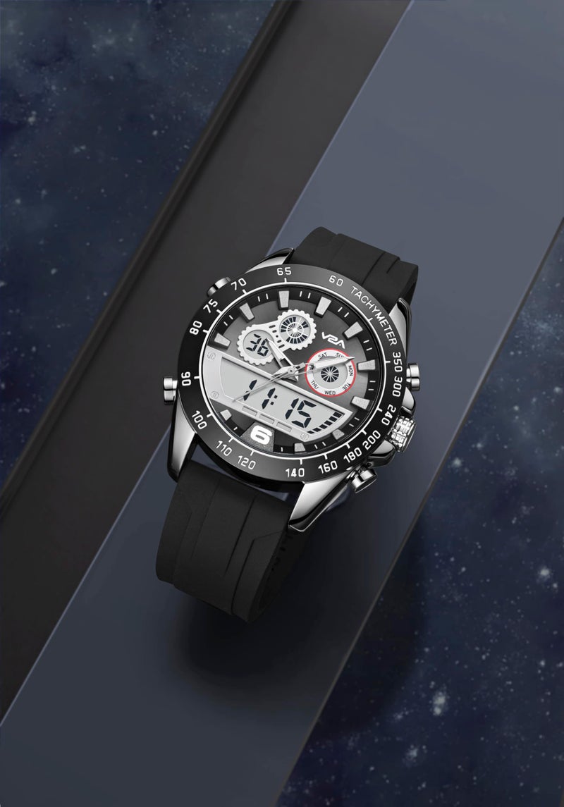 V2A Men’s Multifunction Analog-Digital Sports Watch – Dual Display, Quartz Movement, Zinc Alloy Case, Stopwatch, Alarm, 30M Water Resistant, Silicone Strap, Tachymeter Bezel (Black-Black, Regular) - Image 2