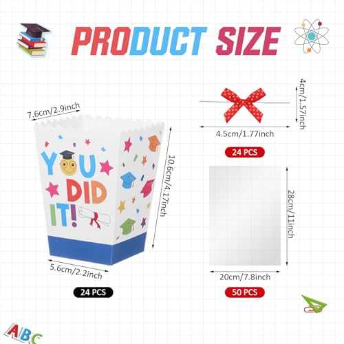 Tenceur 24 Set Graduation Popcorn Boxes Preschool Grad Gift Boxes Elementary Kindergarten Popcorn Paper Movie Night Bucket Treat Container with Plastic Bag and Ribbon for Candy Cookie Party Decoration - Image 5