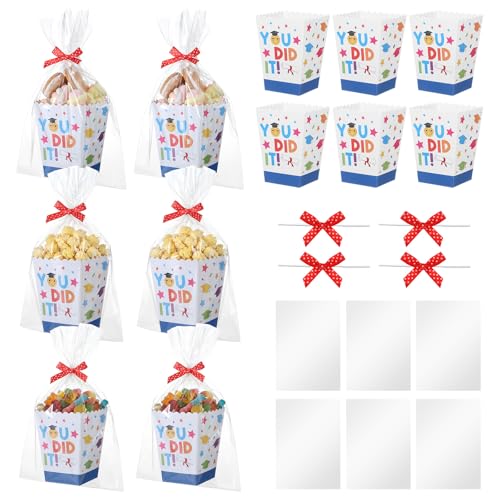 Tenceur 24 Set Graduation Popcorn Boxes Preschool Grad Gift Boxes Elementary Kindergarten Popcorn Paper Movie Night Bucket Treat Container with Plastic Bag and Ribbon for Candy Cookie Party Decoration - Image 1