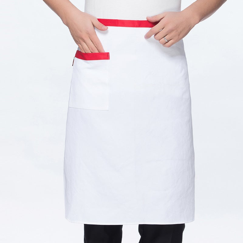 Chef apron Half-length Mens and Womens Catering Restaurant Canteen Kitchen Work Clothes Summer Waterproof and Oil-proof Work Uniform White red belt apron