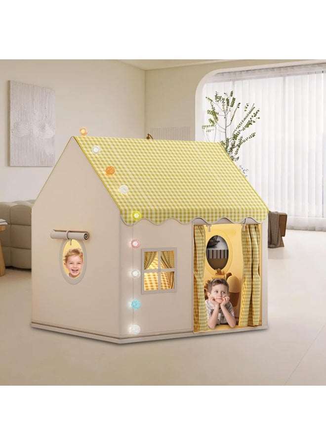 Large Kids Play Tent Indoor Playhouse with Checkered Roof, Premium Cotton Canvas Teepee for Boys & Girls, Portable Playroom Castle, 128x105x120cm - Image 2