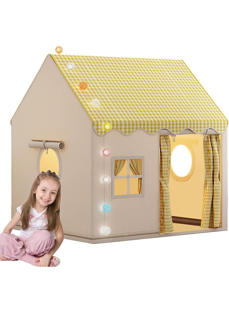 Large Kids Play Tent Indoor Playhouse with Checkered Roof, Premium Cotton Canvas Teepee for Boys & Girls, Portable Playroom Castle, 128x105x120cm - Image 1