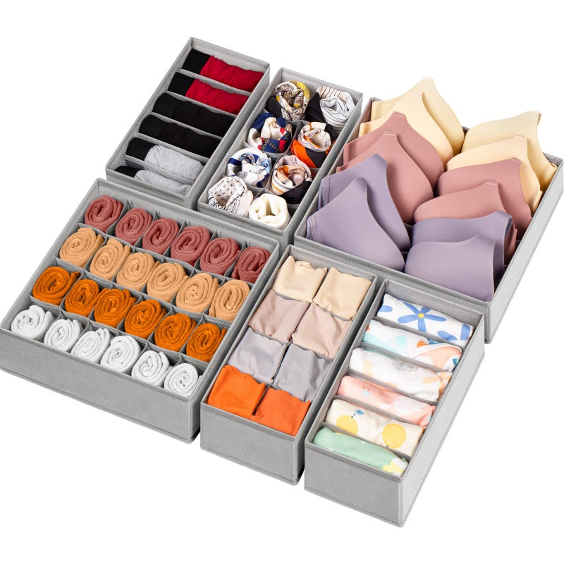 6 Pack Sock Underwear Drawer Organizer Dividers 58 Cell Foldable Fabric Dresser Closet Organizers and Storage Bins for Clothing Baby Clothes Bra Panty Scarf Ties Grey