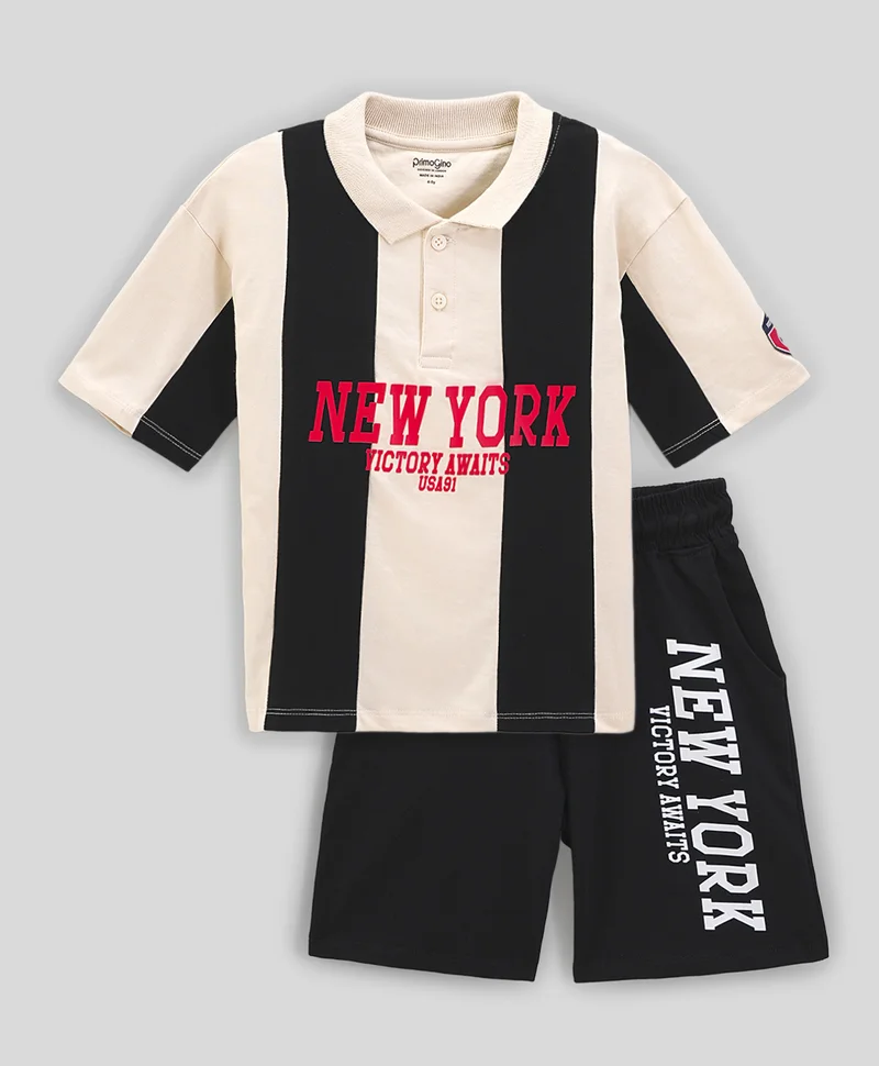 Primo Gino Primo Gino 100% Cotton Drop Shoulder Oversized New York Graphic Half Sleeves Polo T-Shirt & Printed Shorts Set- Off White & Black
