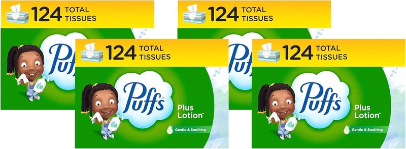 Puffs مناديل بوفز بلس لوشن للوجه 1 علبة عائلية 124 مناديل لكل علبة عبوة من 4 - Image 1