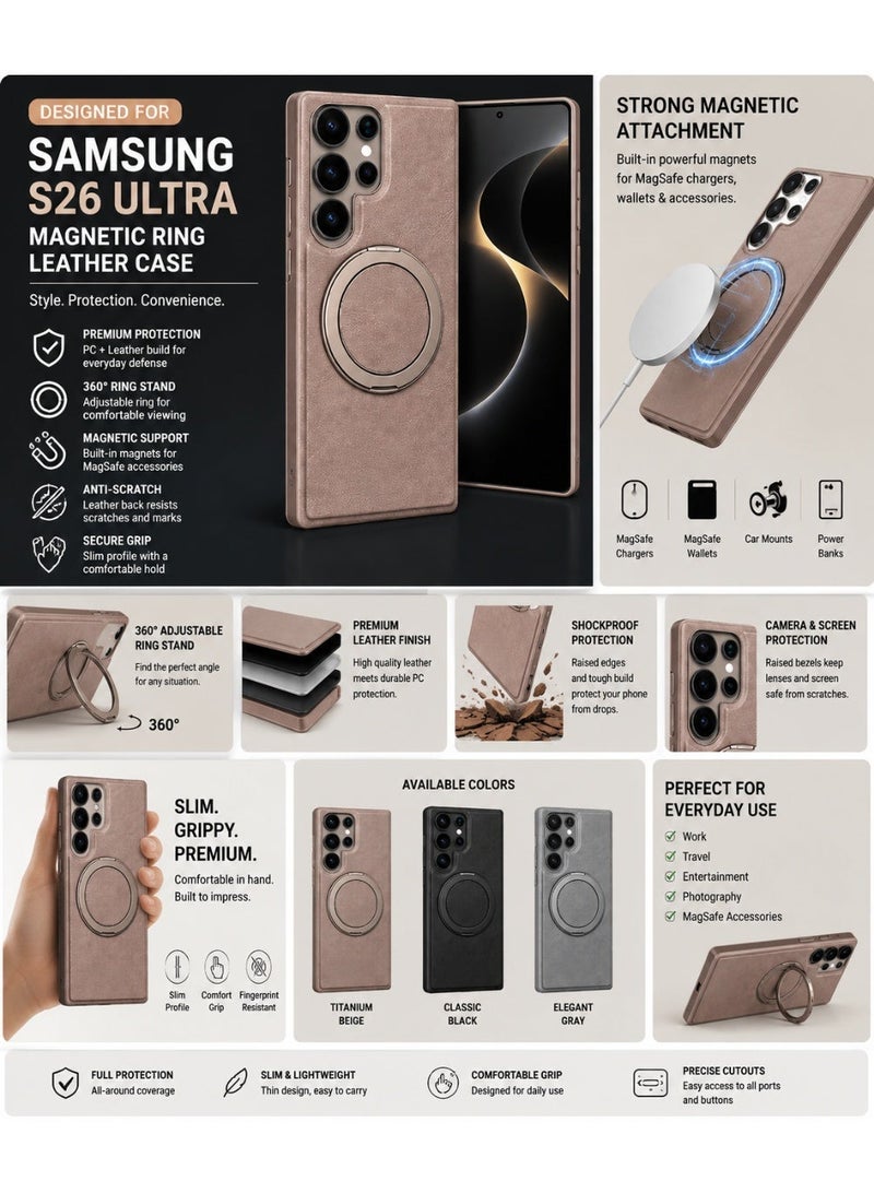 NOVA TECH Samsung Galaxy S26 Ultra Ring Stand Leather Case, Magnetic Shockproof Cover with Kickstand Holder - Image 4