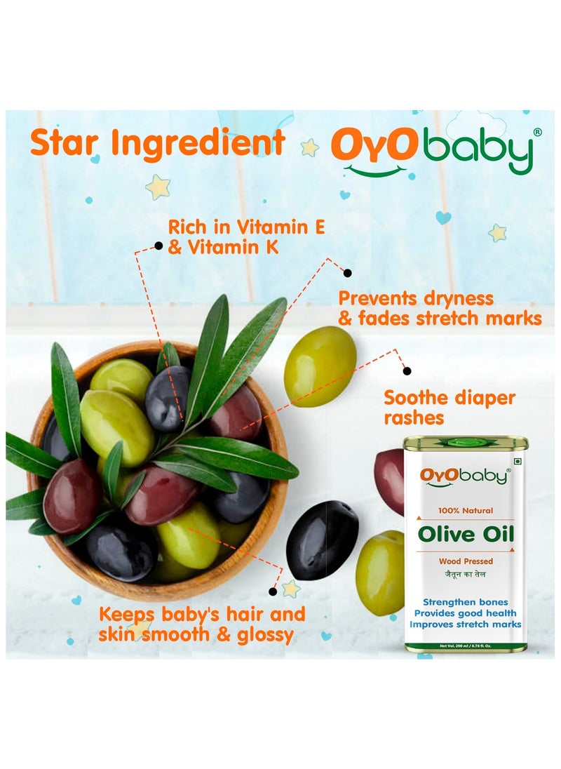 OYO BABY - OYO BABY Oil for baby Massage and Hair Pure Oil  Wood Pressed Best for bone Developmemt and healthy muscles  Nourishes skin Olive Oil 200 ml - Image 1