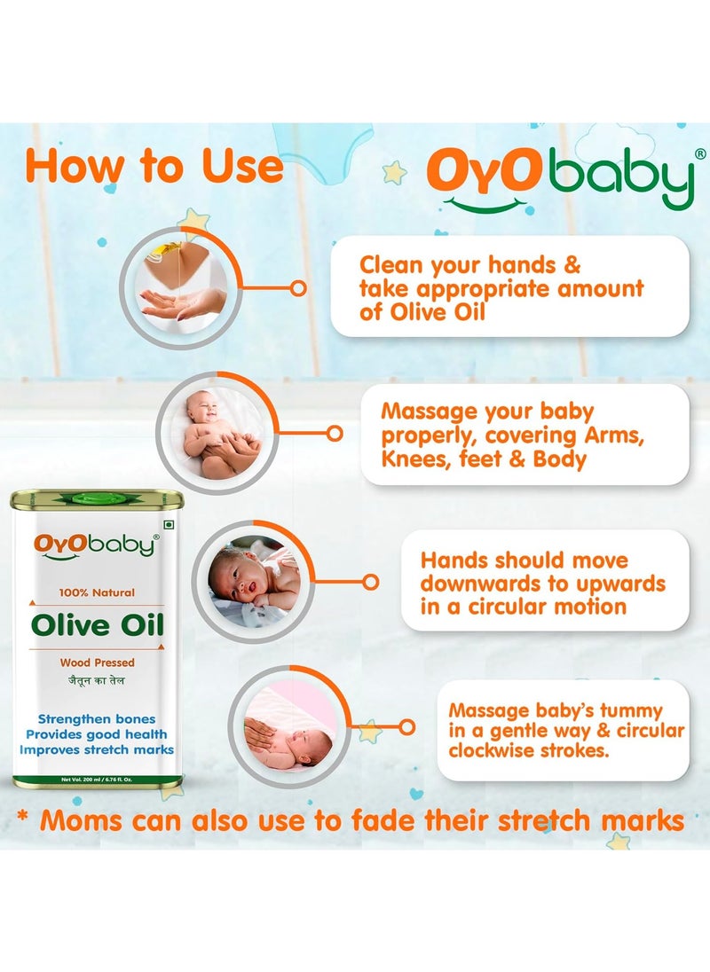 OYO BABY - OYO BABY Oil for baby Massage and Hair Pure Oil  Wood Pressed Best for bone Developmemt and healthy muscles  Nourishes skin Olive Oil 200 ml - Image 1