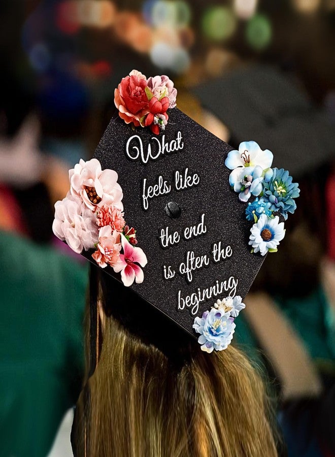جرادويز زينة قبعة تخرج سوداء لامعة من GRADWYSE مزينة بالزهور، زينة تخرج، زينة قبعة تخرج دفعة 2025، ما يبدو وكأنه النهاية - Image 4