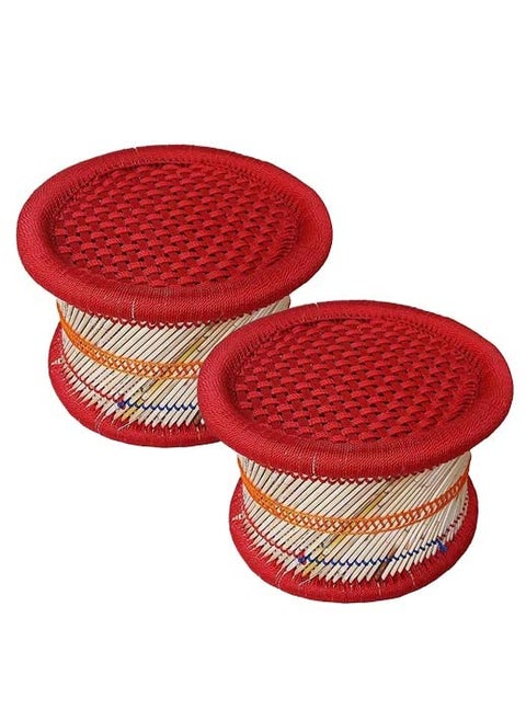 Rajputana Enterprises! Natural Handmade Geo Moray Reed/Moojh/Jute Decorative Stool (Mudda): Red Coloured (Design) - 13 X 16 Inch Set of 2