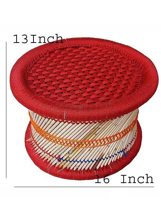 Generic - Rajputana Enterprises! Natural Handmade Geo Moray Reed/Moojh/Jute Decorative Stool (Mudda): Red Coloured (Design) - 13 X 16 Inch Set of 2 - Image 1