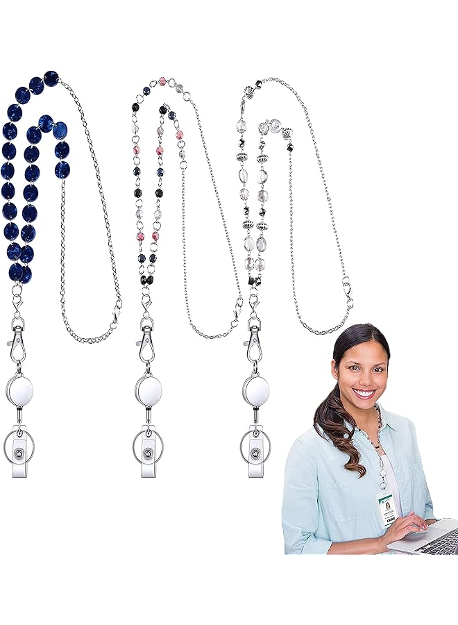 erorex 3 Pieces Id Badge Lanyard Necklace With Id Holder Clip Stainless Steel Beaded Chain Retractable Badge Reel Valentine Present Retro Style  - Image 1