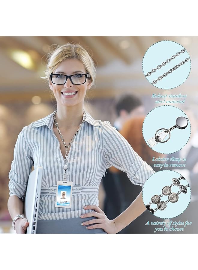 erorex 3 Pieces Id Badge Lanyard Necklace With Id Holder Clip Stainless Steel Beaded Chain Retractable Badge Reel Valentine Present Retro Style  - Image 5