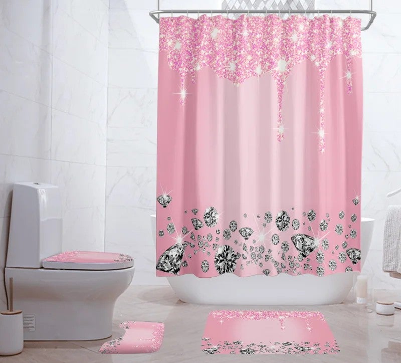 Y&D Hot Selling 4PCS Pink Diamond 100% Polyester ized Printing Bathroom Mat Shower Curtain Set - Image 2