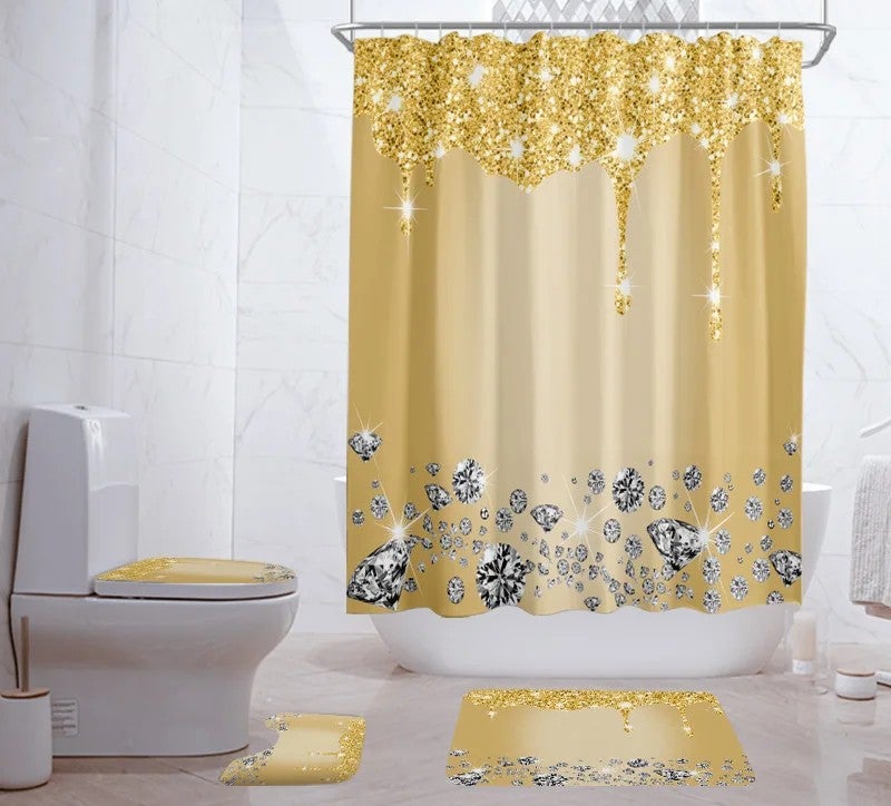 Y&D Hot Selling 4PCS Pink Diamond 100% Polyester ized Printing Bathroom Mat Shower Curtain Set - Image 1