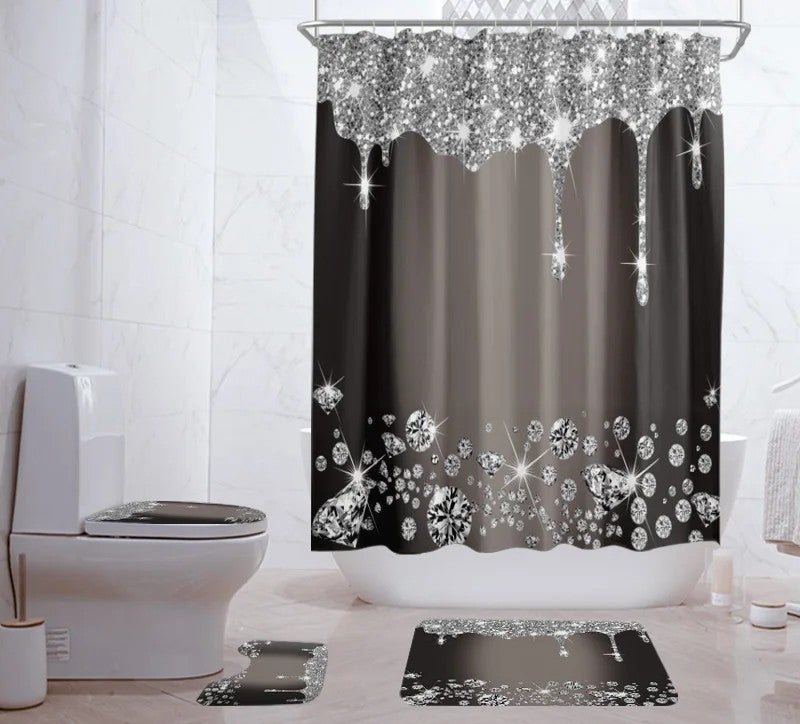 Y&D Hot Selling 4PCS Pink Diamond 100% Polyester ized Printing Bathroom Mat Shower Curtain Set - Image 5