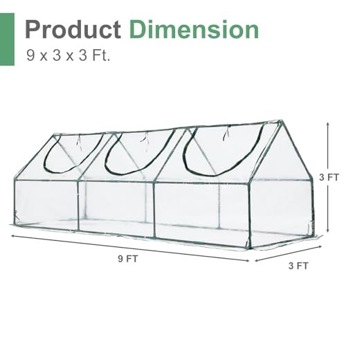 Aoodor 9 x 3 x 3 ft Mini Greenhouse with 3 Zipper Doors, Water-Resistant, UV-Protected for Flowers, Vegetables, and Herbs, Transparent - Image 2