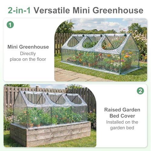 Aoodor 9 x 3 x 3 ft Mini Greenhouse with 3 Zipper Doors, Water-Resistant, UV-Protected for Flowers, Vegetables, and Herbs, Transparent - Image 3