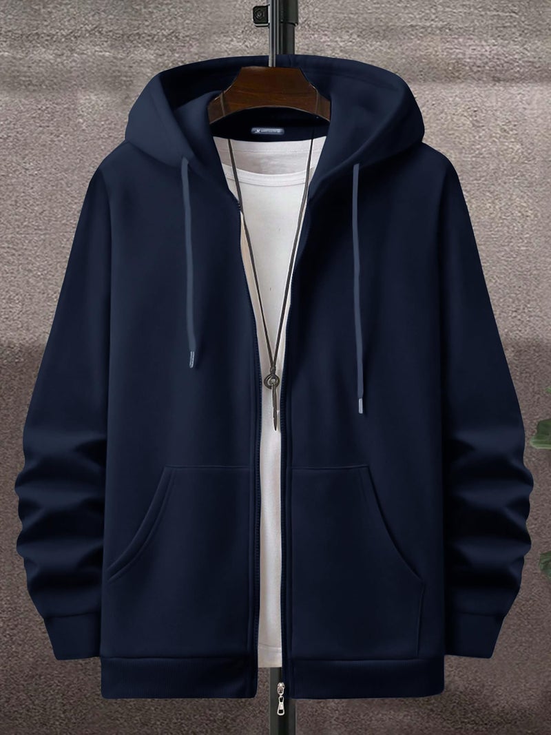 Jump Cuts Mens Solid Hooded Neck Full Sleeve Navy Full Zipper Kangaroo Pockets LoopKnit Sweatshirt - Image 2