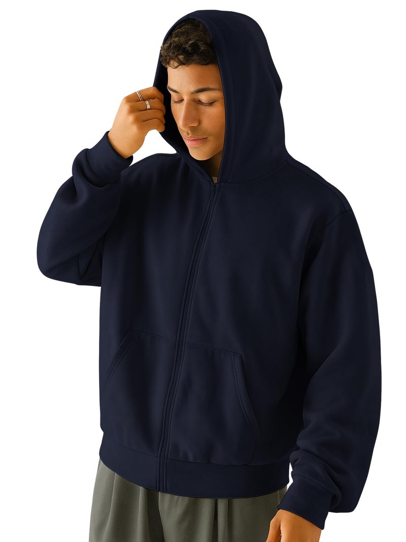 Jump Cuts Mens Solid Hooded Neck Full Sleeve Navy Full Zipper Kangaroo Pockets LoopKnit Sweatshirt - Image 1