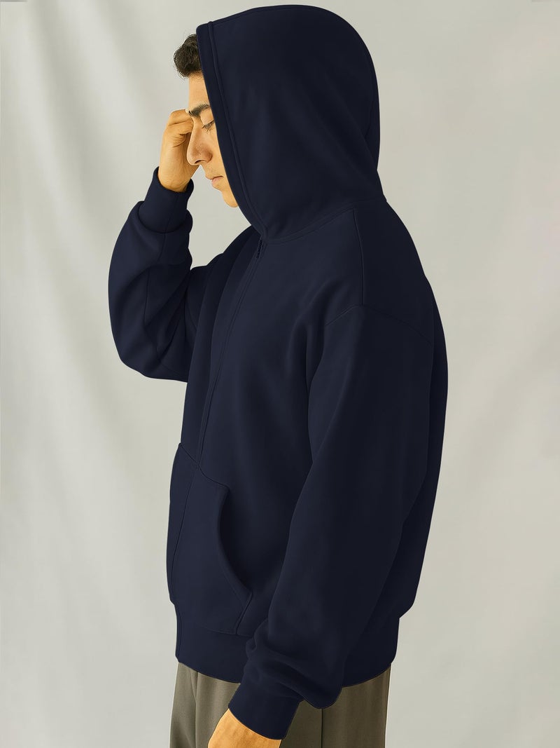 Jump Cuts Mens Solid Hooded Neck Full Sleeve Navy Full Zipper Kangaroo Pockets LoopKnit Sweatshirt - Image 3
