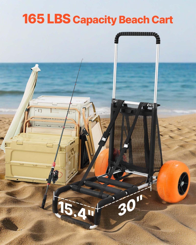 VEVOR عربة شاطئ VEVOR بعجلات كبيرة للرمال، 29.9" × 15.4" سطح الحمولة، مع عجلات صلبة 12"، سعة تحميل 165 رطل، عربة رمل قابلة للطي وارتفاع قابل للتعديل من 27" إلى 44.7"، عربة ثقيلة للشاطئ - Image 2