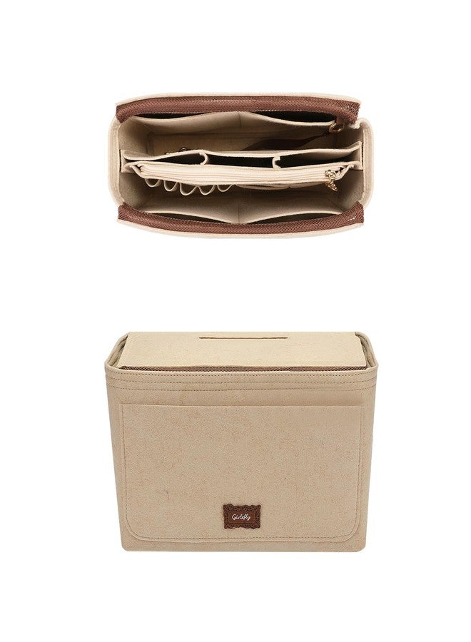 GIVLEFLY Medium Slim Purse Organizer Insert for Tote Bag, Felt Handbag Organizer with Flap Cover, Removable Zipper Pouch, Key Leash, Structured Bag Insert with Handle & Pen Holder,Beige - Image 1