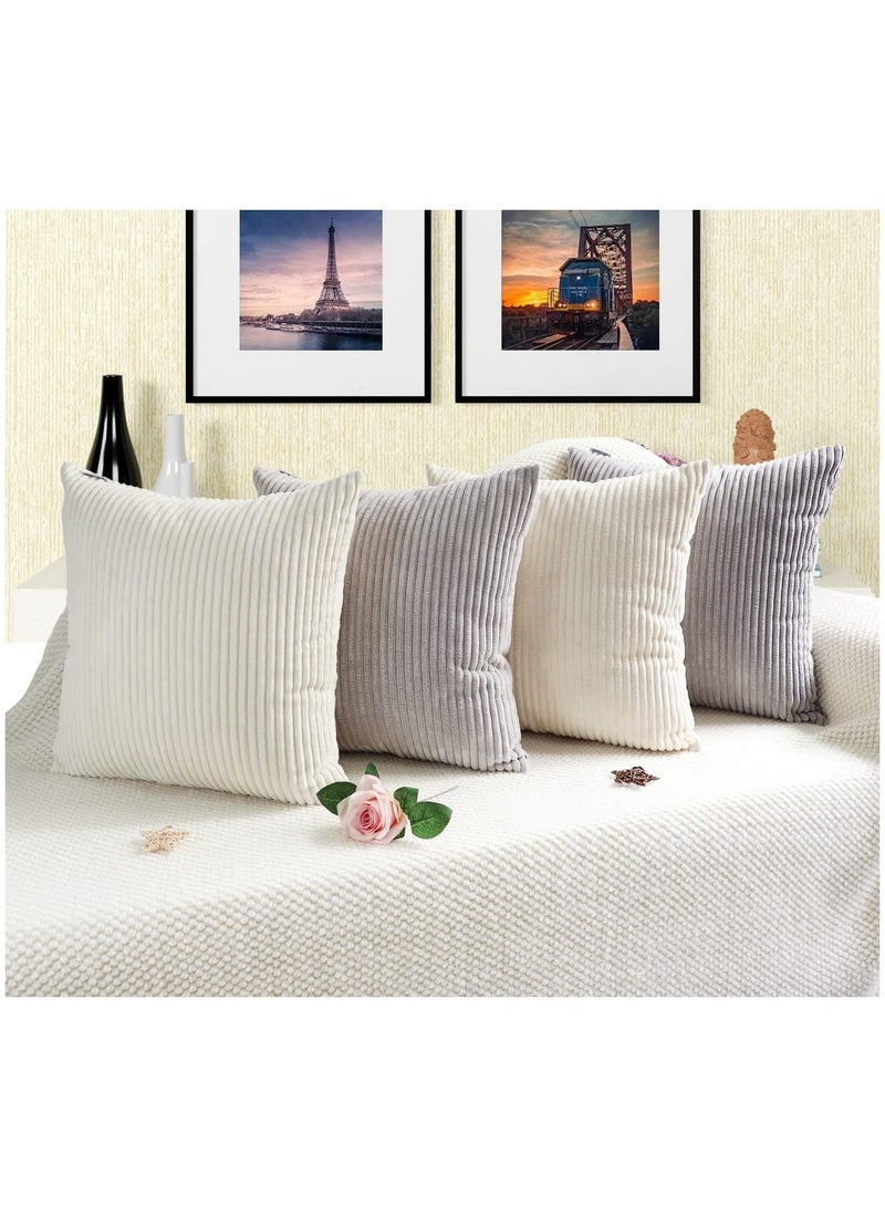 Set of 4 Decorative Cushion Covers 45x45cm Corduroy Striped Neutral - Image 1