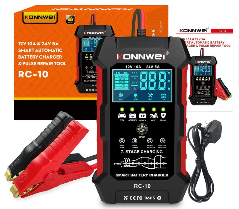 Konnwei 12V 10A 24V 5A Car Battery Charger, Smart Fully Automatic Battery Charger,  Pulse Repairing, Battery Repair for Car Truck Motorcycle Lawn Mower Boat Marine Lead Acid Batteries Deep-Cycle Battery - Image 1