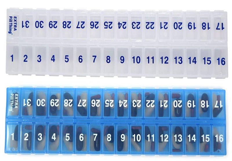 pill thing AM PM 31 Day Once-a Day Monthly Pill Planner Organizers - Large Compartment Pill Boxes Store Medications for Entire Month Plus Compartment for Extra Pills (AM/PM Clear & Blue) BPA Free - Image 1