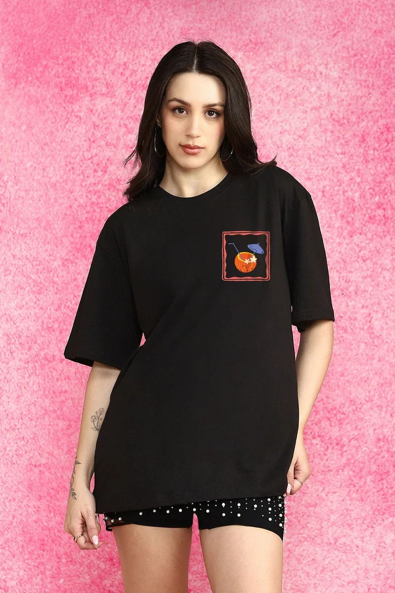 جونبيري JUNEBERRY® Pure Cotton Oversized Drop Shoulder T-Shirt for Women | Front & Back Print, Half Sleeve, Baggy Fit, Round Neck |OS_JB_SSS_BK_XXL