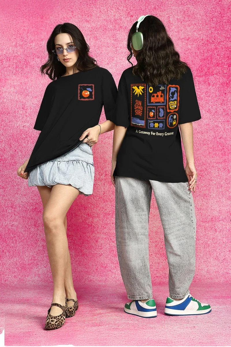 جونبيري JUNEBERRY® Pure Cotton Oversized Drop Shoulder T-Shirt for Women | Front & Back Print, Half Sleeve, Baggy Fit, Round Neck |OS_JB_SSS_BK_XXL